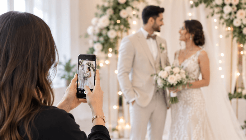 What Is a Wedding Content Creator Complete Guide for Couples - Happy Wedding App Woman taking a photo of a bride and groom at their wedding under a floral arch.