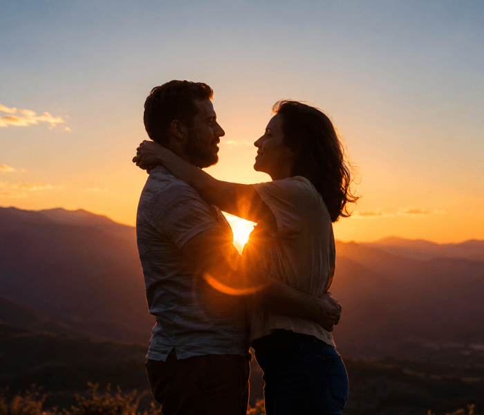 You Feel Emotionally Safe - Happy Wedding App Couple embracing at sunset with mountains in the background.