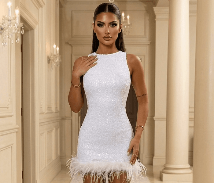 A Feather-Trimmed Mini Dress - Happy Wedding App A Feather-Trimmed Mini Dress