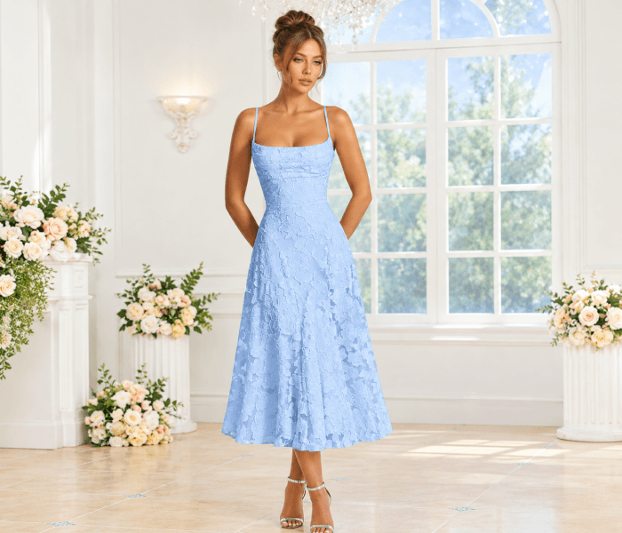 Powder Blue Lace Tea Length Dress