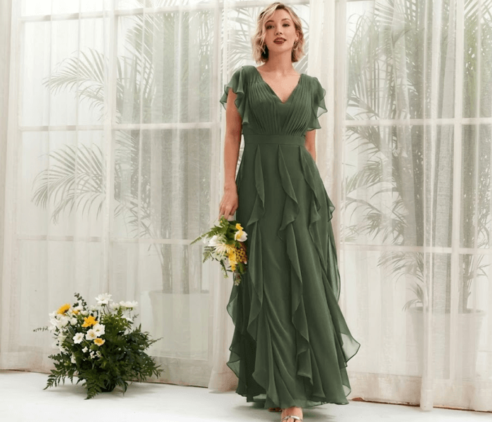 Warm Olive Chiffon Barn Wedding Dress