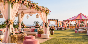Outdoor wedding setup with pink draped canopies, lanterns, and floral arches on a lush lawn by the coast.