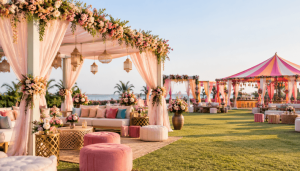 5 Best Themes for an Indian Wedding Carnival - Happy Wedding App Outdoor wedding setup with pink draped canopies, lanterns, and floral arches on a lush lawn by the coast.