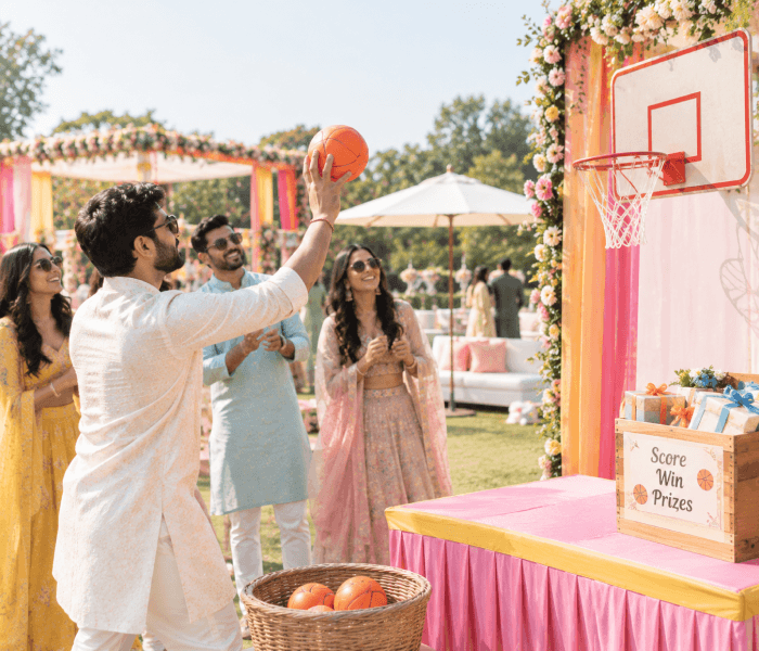 Basketball Hoop Toss - Happy Wedding App A man throwing a basketball into a floral-decorated hoop at an outdoor game station.