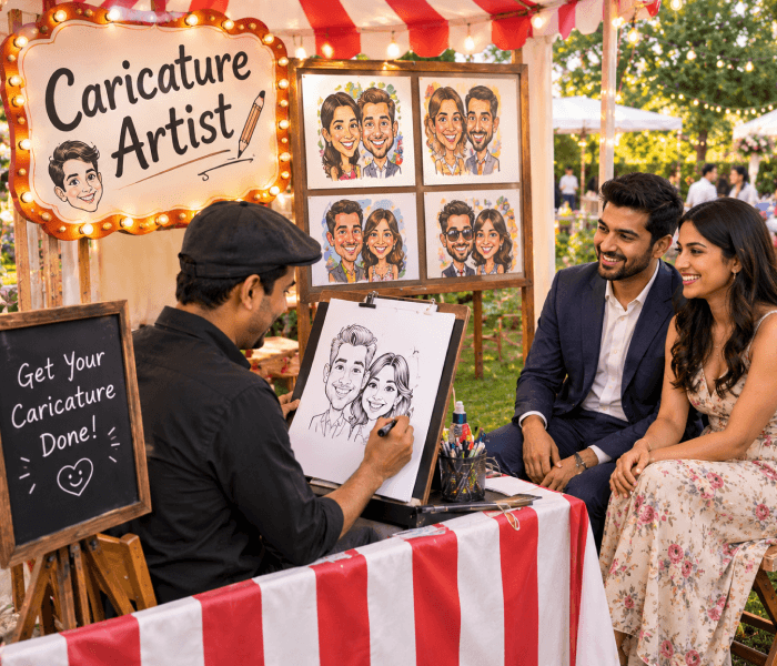 Caricature Artist Booth - Happy Wedding App An artist sketching a portrait of a seated couple at a booth labeled "Caricature Artist".