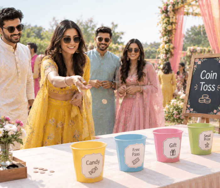 Coin Toss - Happy Wedding App A woman throwing a coin toward labeled colorful buckets on a table at an outdoor event.