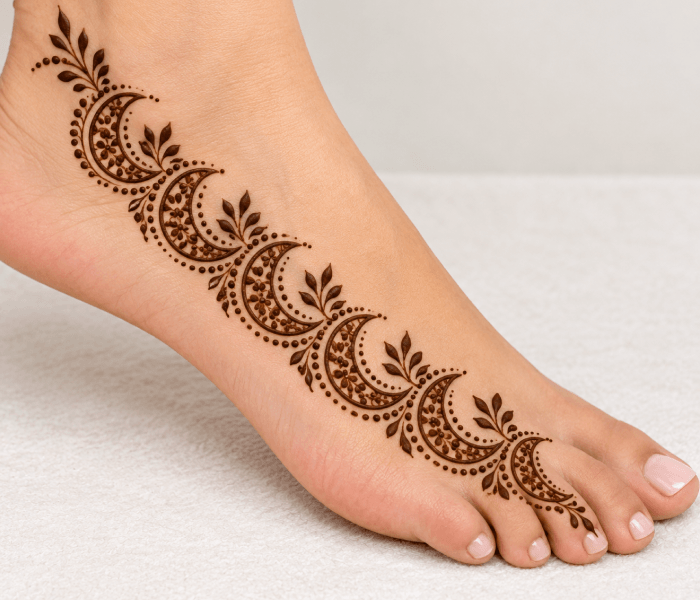 Crescent pattern - Happy Wedding App Foot with an intricate brown henna mehndi design tracing the ankle and top of the foot, including crescent shapes and leaf motifs.