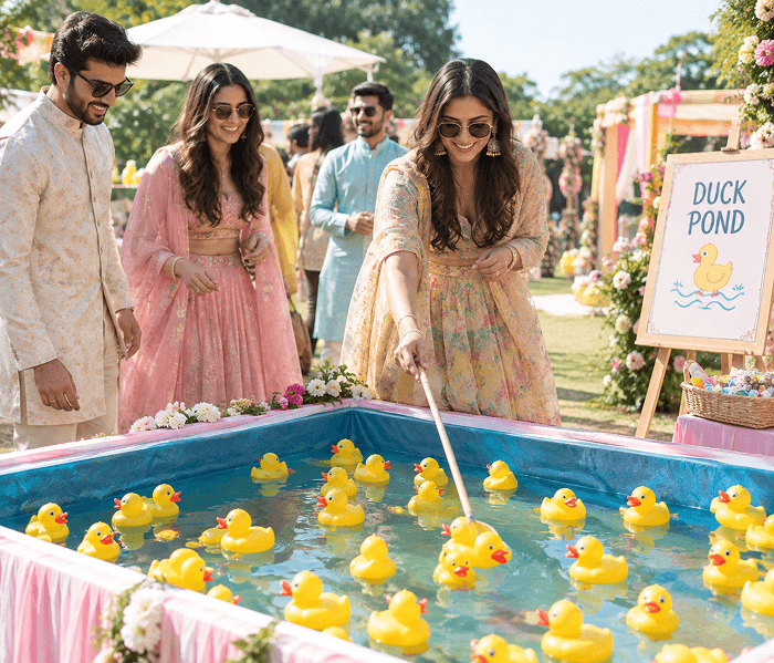 Duck Pond - Happy Wedding App A woman using a rod to pick up yellow rubber ducks from a pool labeled "Duck Pond".