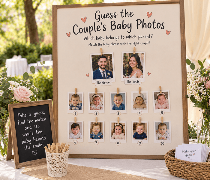 Guess the Couples Baby Photos - Happy Wedding App A framed display board titled "Guess the Couple's Baby Photos" with numbered baby photos pinned to it.