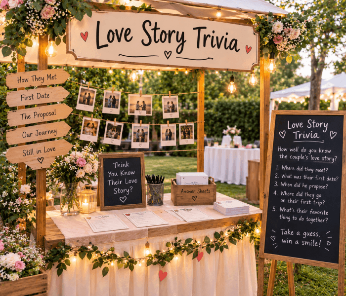 Love Story Trivia Booth - Happy Wedding App A decorated wooden booth labeled "Love Story Trivia" with photo displays, chalkboard signs, and trivia sheets.