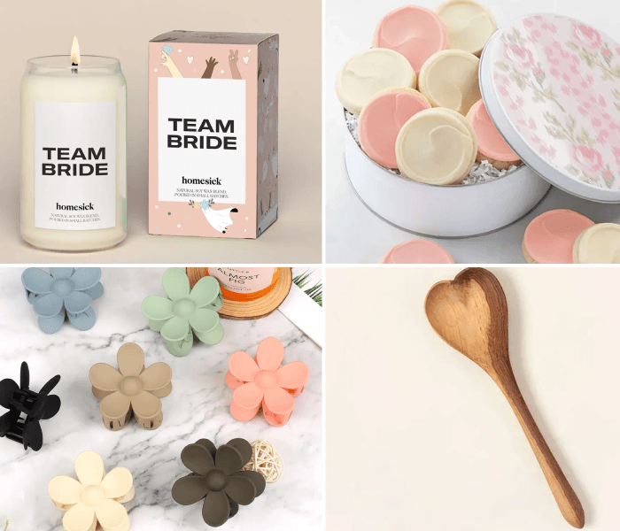 Lucky Dip Prize Box - Happy Wedding App A collage featuring a candle, cookies in a floral tin, hair clips, and a heart-shaped wooden spoon.