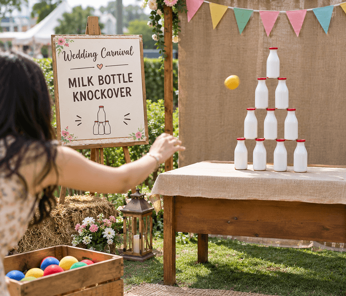 Milk Bottle Knockover - Happy Wedding App A person throwing a ball at a pyramid of white milk bottles on a wooden table.