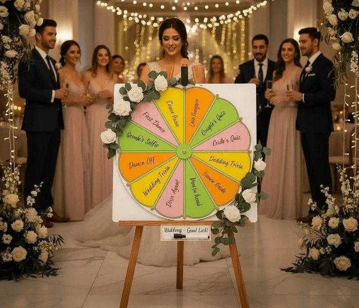 Prize Wheel Spin - Happy Wedding App A colorful spinning game wheel mounted on a decorated easel at a wedding reception.