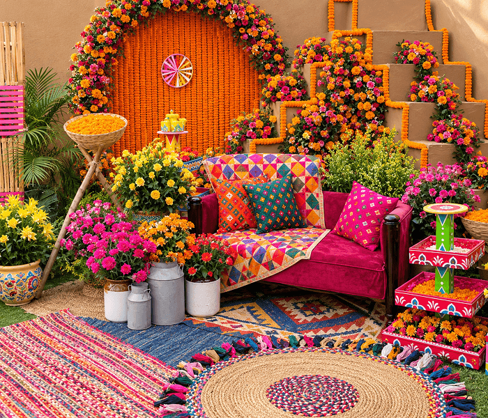 Royal Rajasthani Fair Carnival - Happy Wedding App Bright outdoor setup with a pink sofa, patchwork cushions, marigold floral arches, and colorful woven rugs.