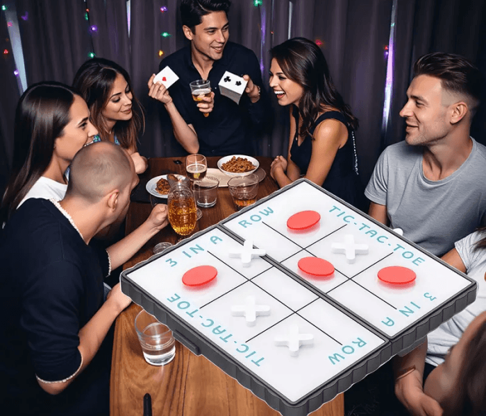 Tic-Tac-Toe Game Area - Happy Wedding App A woman tossing a blue bean bag toward a wooden cornhole board on a lawn.